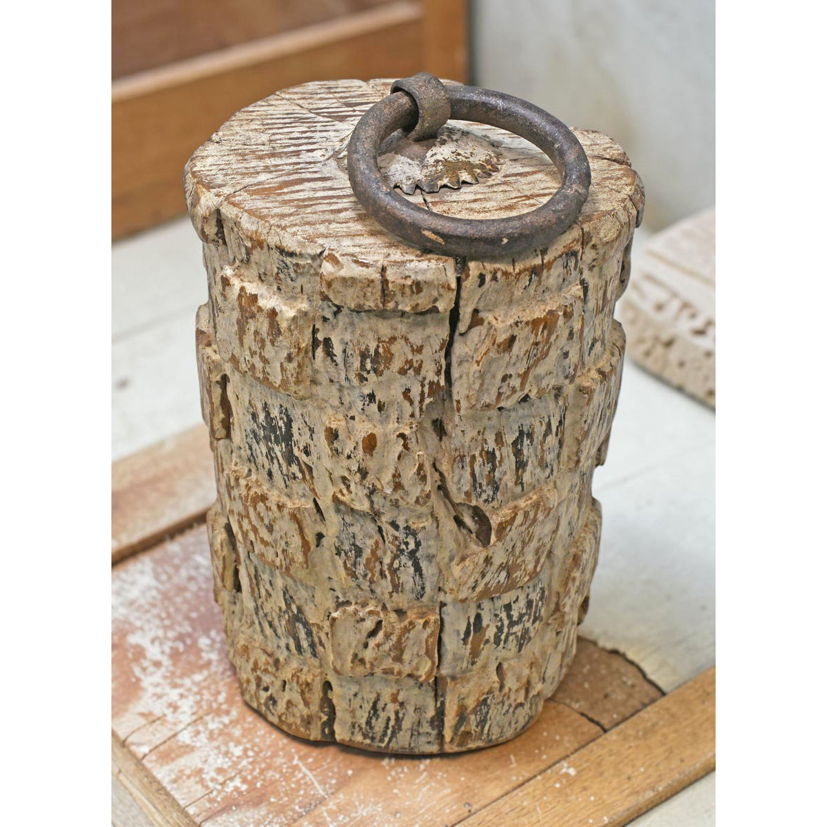 Antique Wooden Pillar Floor Carpet Door Weight Original Old Hand Carved