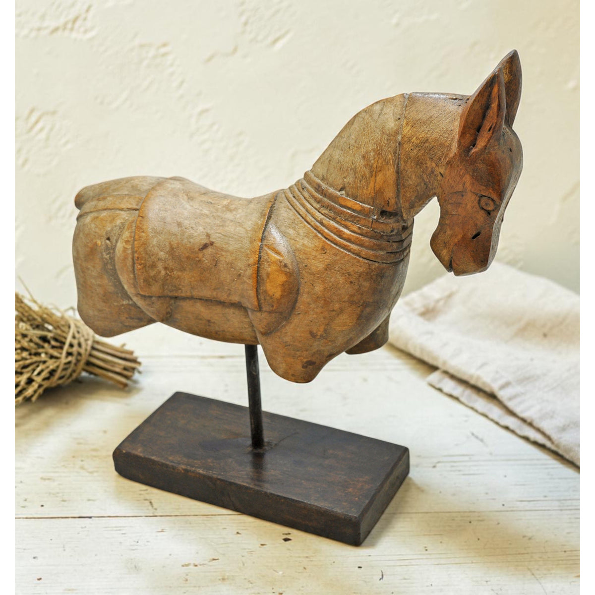 Vintage Wooden Horse Figurine on Stand Original Old Hand Carved