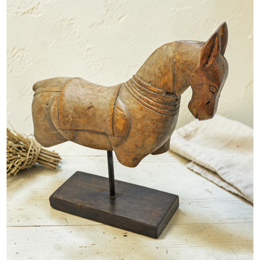 Vintage Wooden Horse Figurine on Stand Original Old Hand Carved