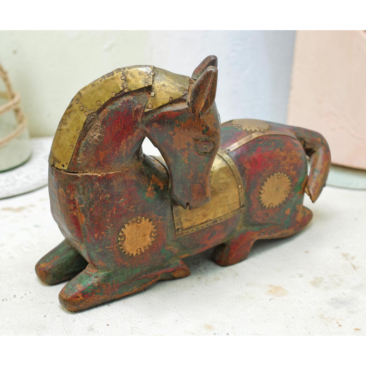 Vintage Wooden Sitting Horse Figurine Original Old Hand Carved Brass Fitted