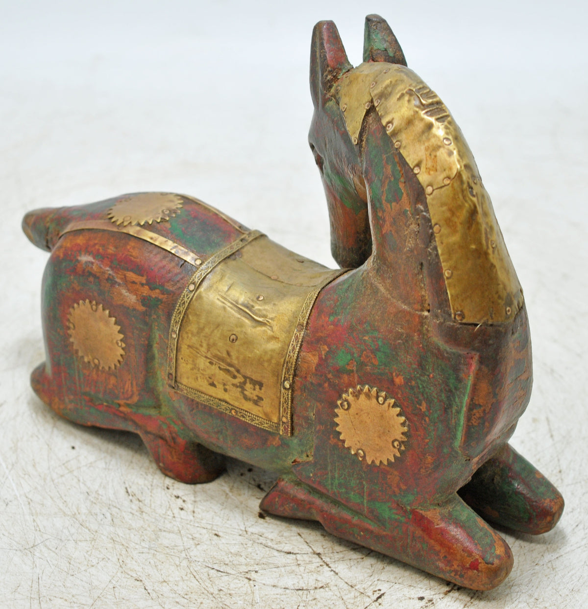 Vintage Wooden Sitting Horse Figurine Original Old Hand Carved Brass Fitted