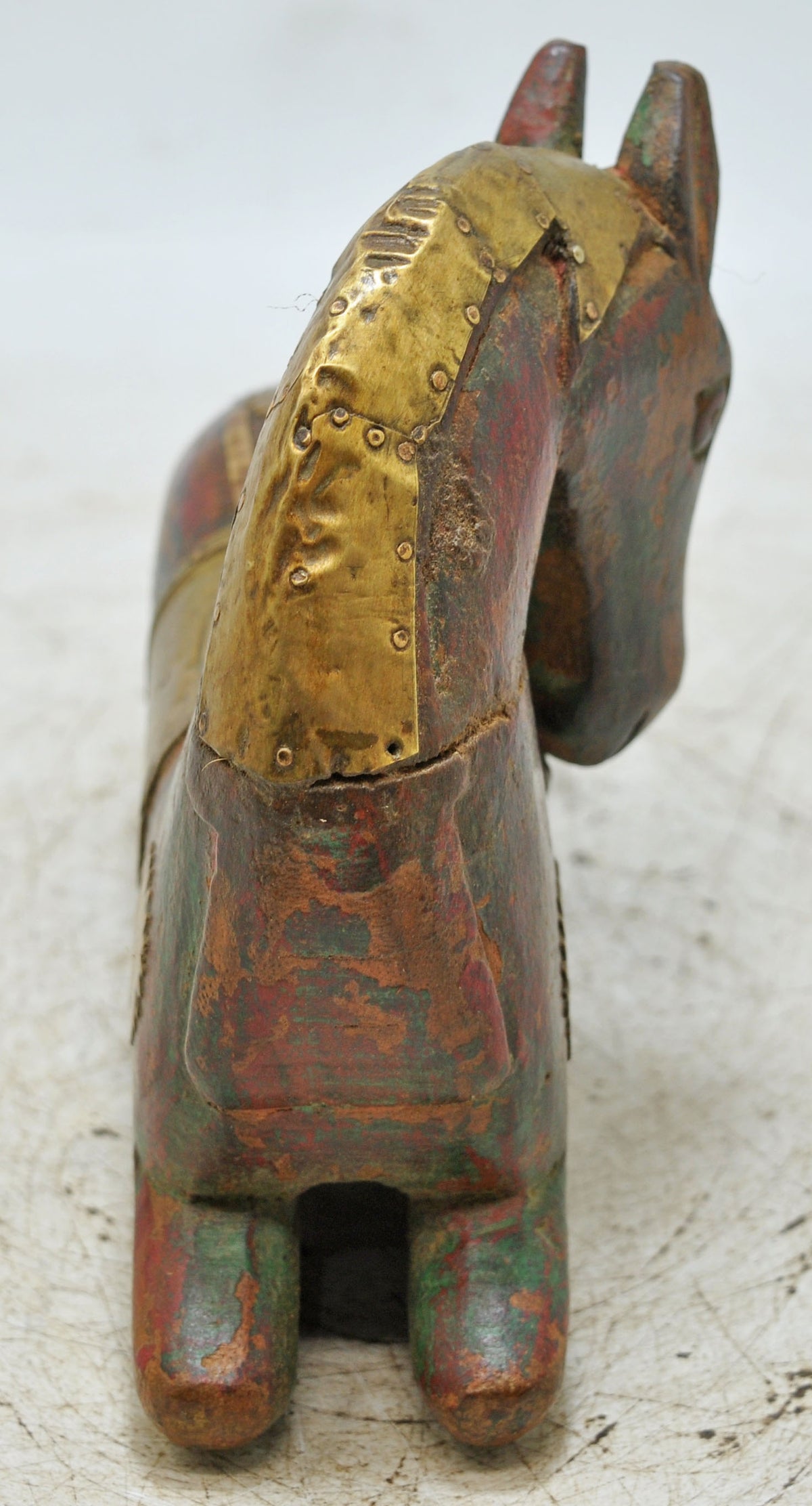 Vintage Wooden Sitting Horse Figurine Original Old Hand Carved Brass Fitted