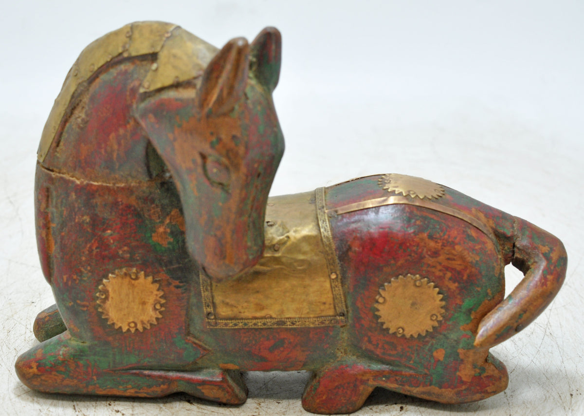 Vintage Wooden Sitting Horse Figurine Original Old Hand Carved Brass Fitted