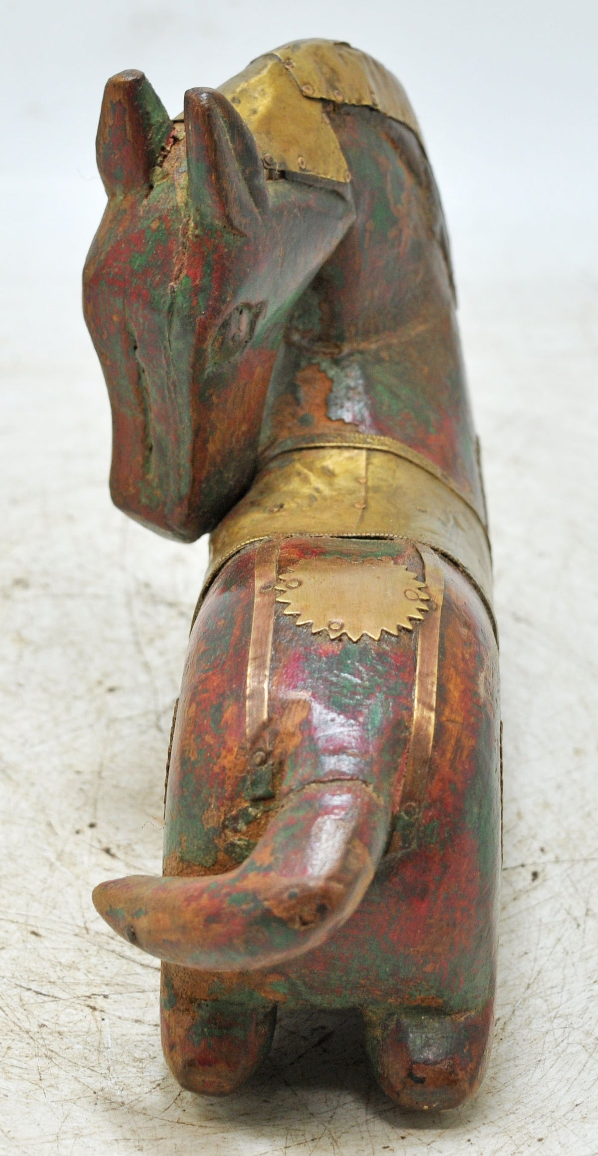Vintage Wooden Sitting Horse Figurine Original Old Hand Carved Brass Fitted