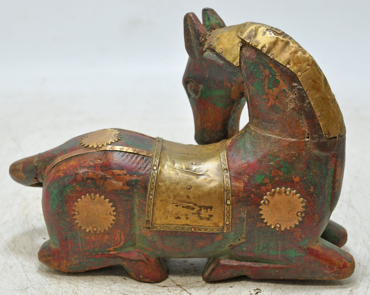 Vintage Wooden Sitting Horse Figurine Original Old Hand Carved Brass Fitted