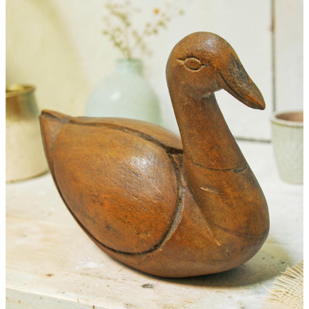 Vintage Wooden Duck Bird Figurine Original Old Hand Carved
