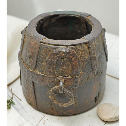 Antique Wooden Grain Measurement Paili Pot Original Old Hand Carved Metal Fitted
