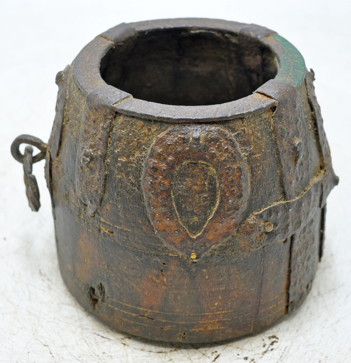 Antique Wooden Grain Measurement Paili Pot Original Old Hand Carved Metal Fitted