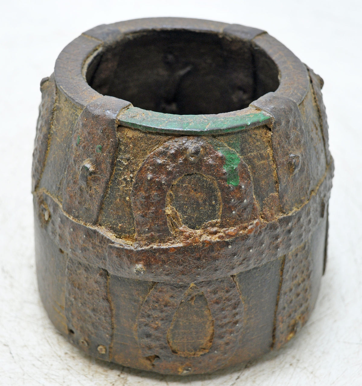 Antique Wooden Grain Measurement Paili Pot Original Old Hand Carved Metal Fitted