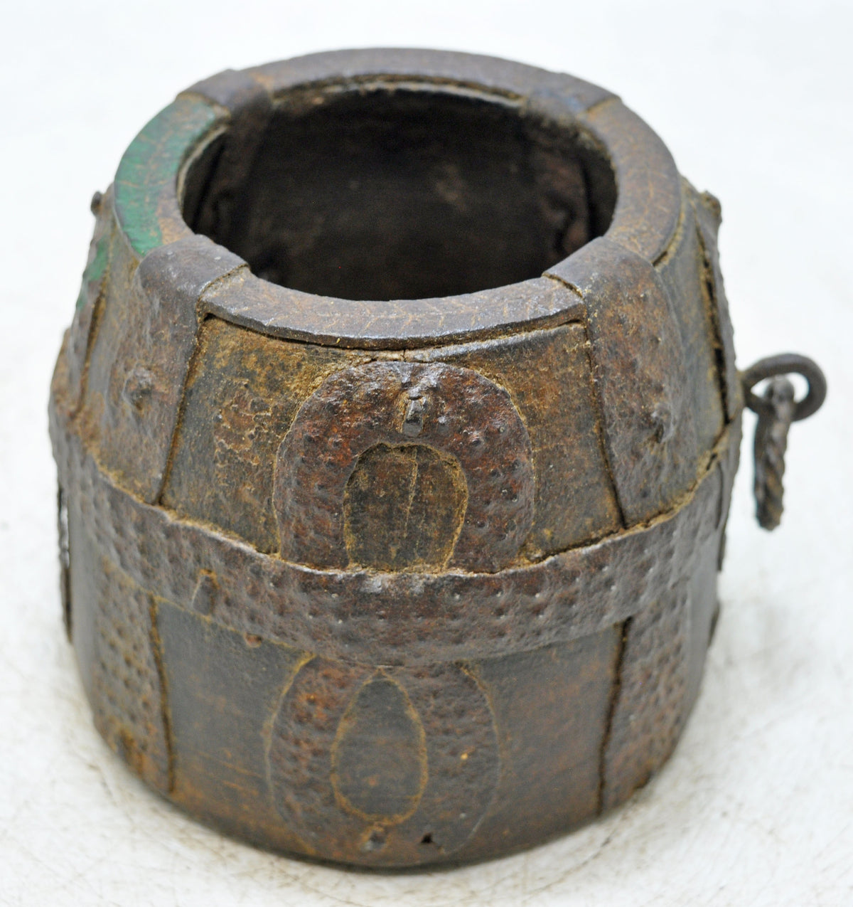 Antique Wooden Grain Measurement Paili Pot Original Old Hand Carved Metal Fitted