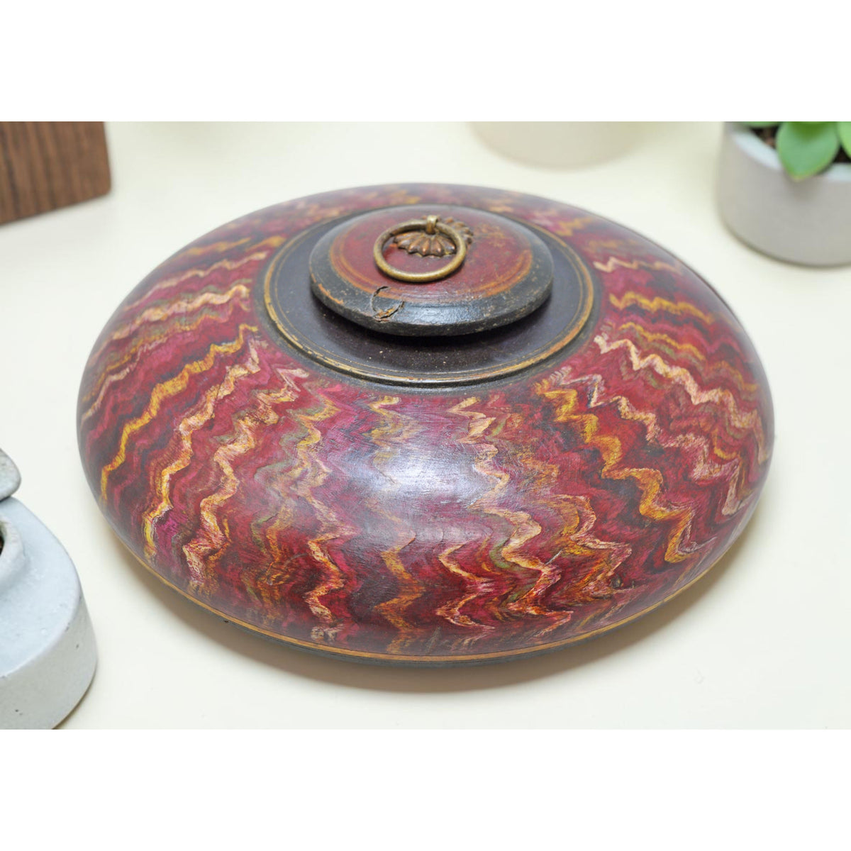 Vintage Wooden Round Tobacco Opium Box Original Old Hand Crafted Painted