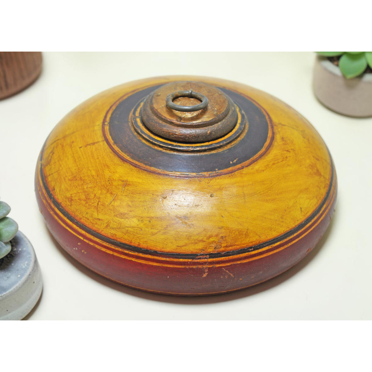 Vintage Wooden Round Tobacco Opium Box Original Old Hand Crafted Painted
