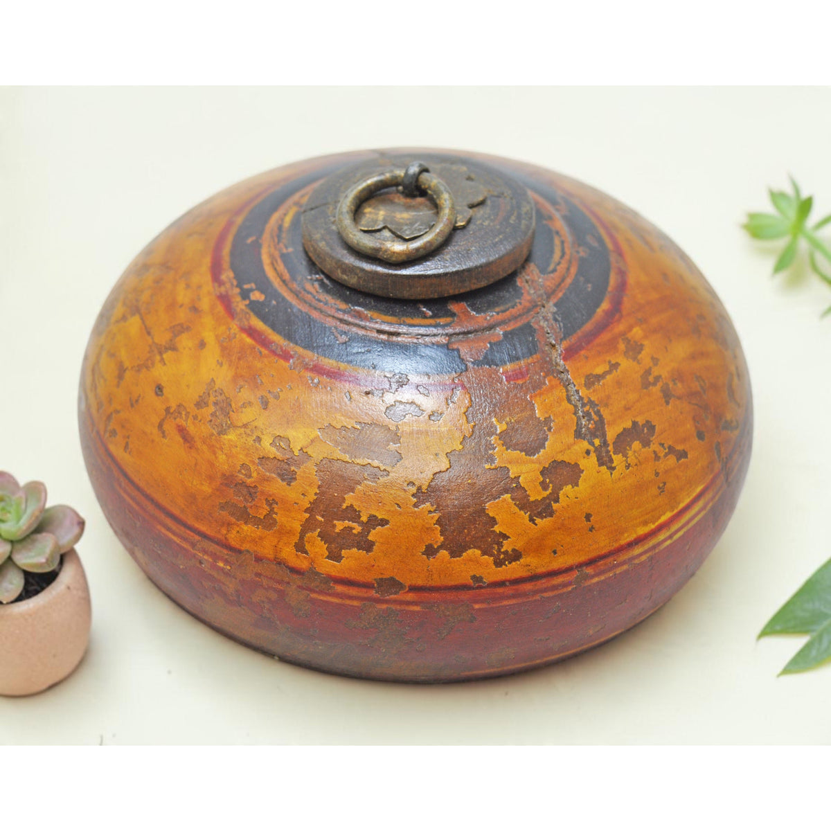 Vintage Wooden Round Tobacco Opium Box Original Old Hand Crafted Painted