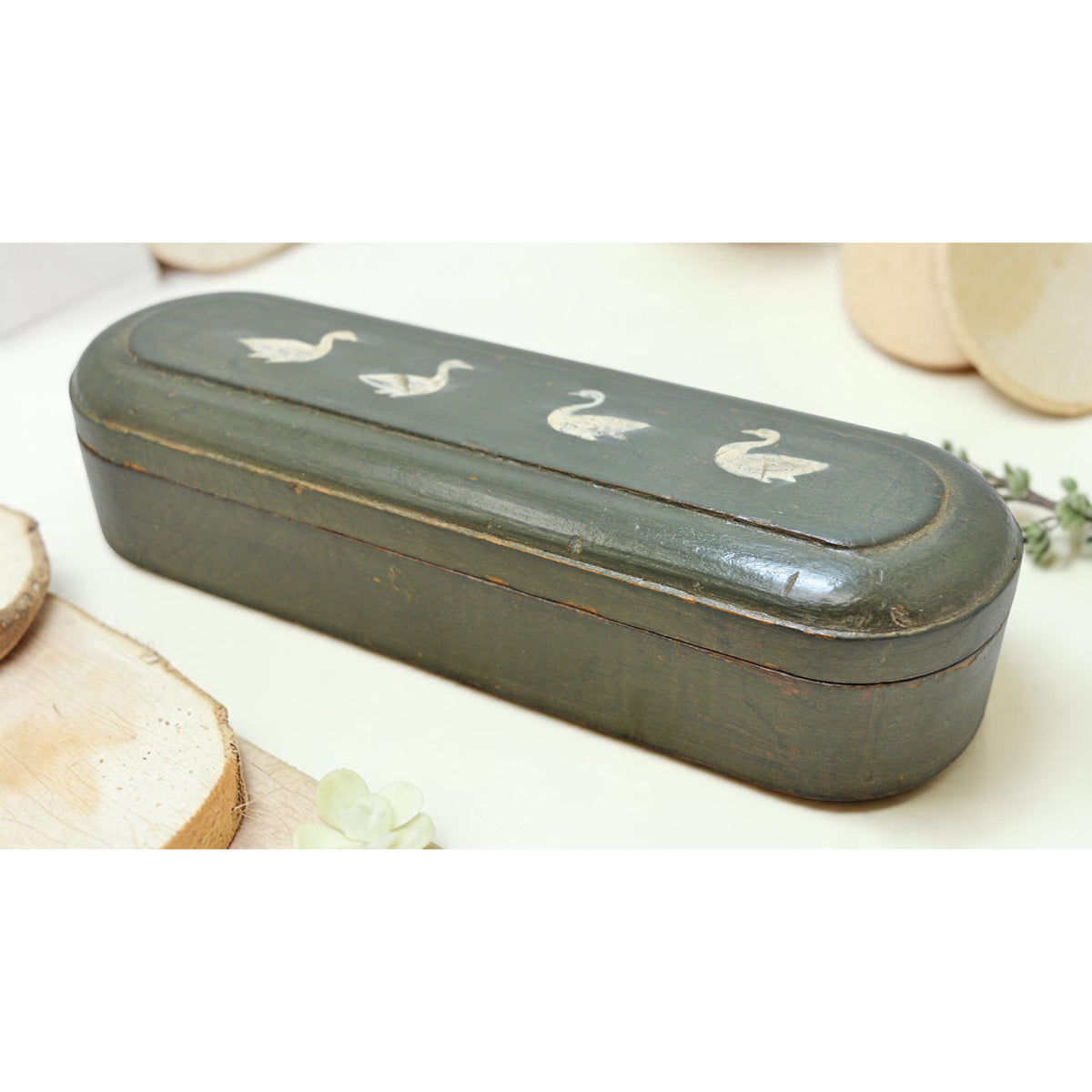Vintage Wooden Long Pencil Stationary Box Original Old Hand Crafted Painted