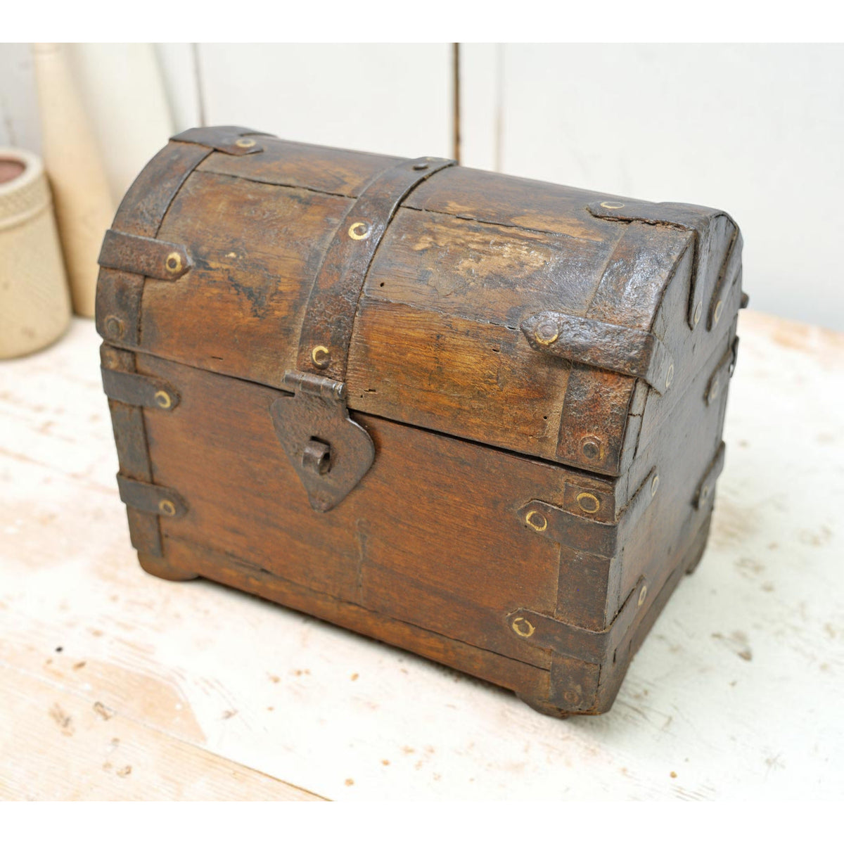 Vintage Wooden Small Half Round Top Storage Box Original Old Hand Crafted