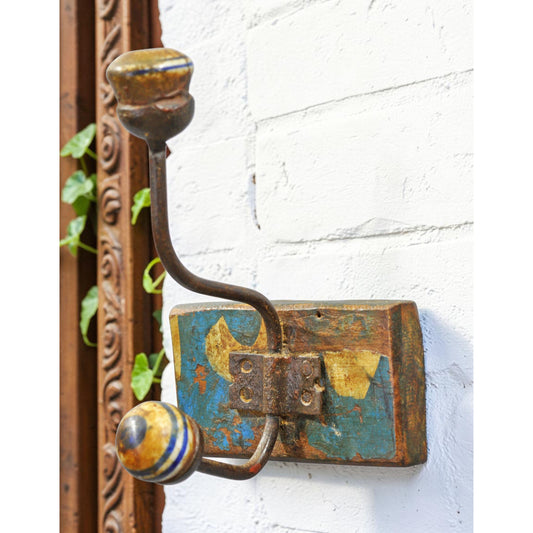 Antique Wooden 1 Hook Hanger Original Old Hand Crafted Painted