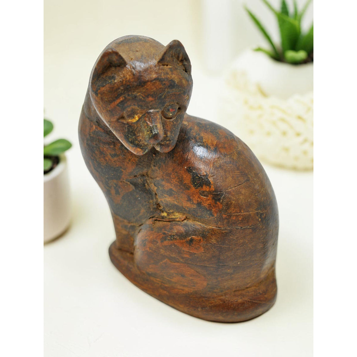 Vintage Wooden Cat Figurine Original Old Hand Carved