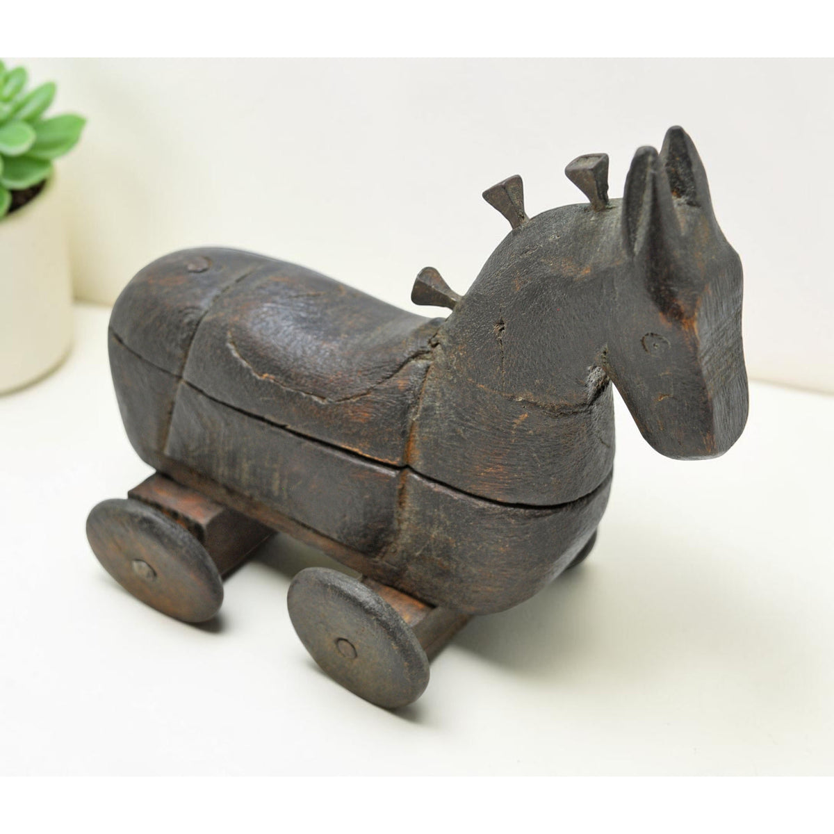 Vintage Wooden Horse on Wheels Figurine Spice Box Original Old Hand Carved