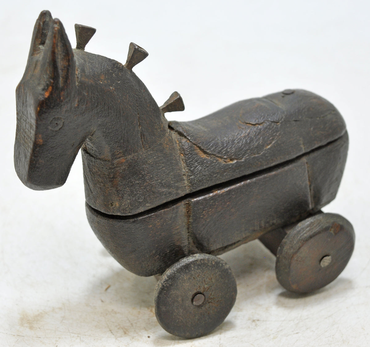 Vintage Wooden Horse on Wheels Figurine Spice Box Original Old Hand Carved