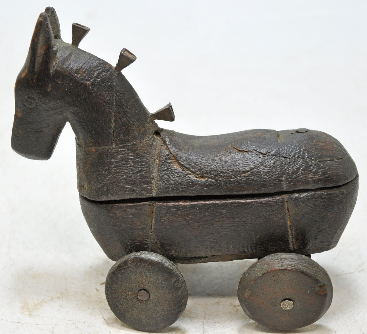 Vintage Wooden Horse on Wheels Figurine Spice Box Original Old Hand Carved
