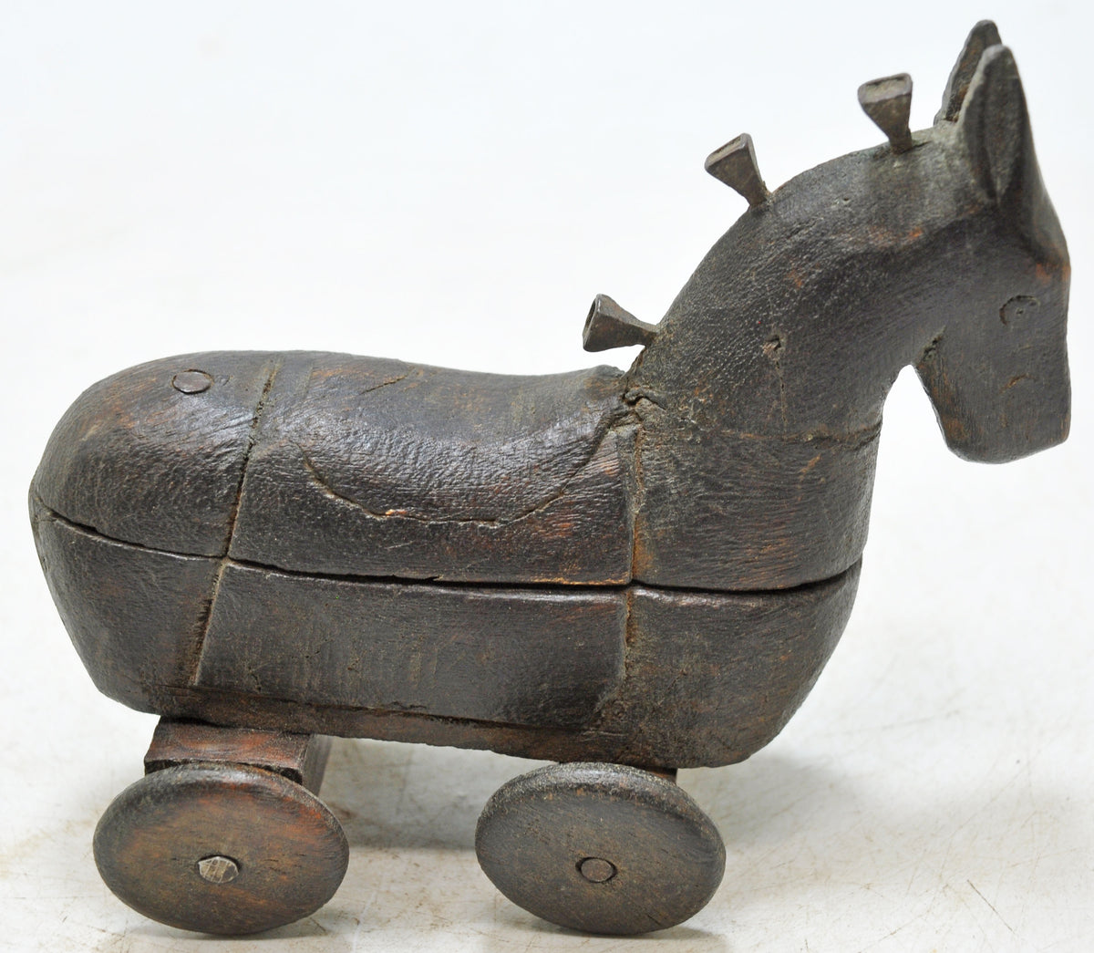 Vintage Wooden Horse on Wheels Figurine Spice Box Original Old Hand Carved
