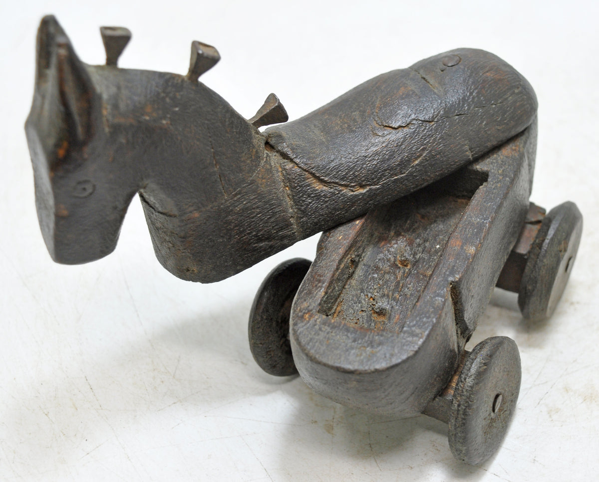 Vintage Wooden Horse on Wheels Figurine Spice Box Original Old Hand Carved