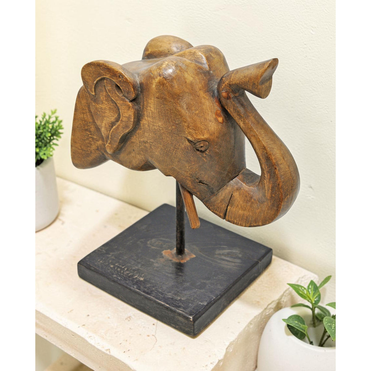 Vintage Wooden Elephant Head Figurine Original Old Hand Carved