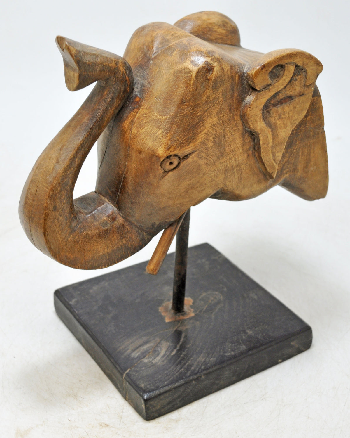 Vintage Wooden Elephant Head Figurine Original Old Hand Carved