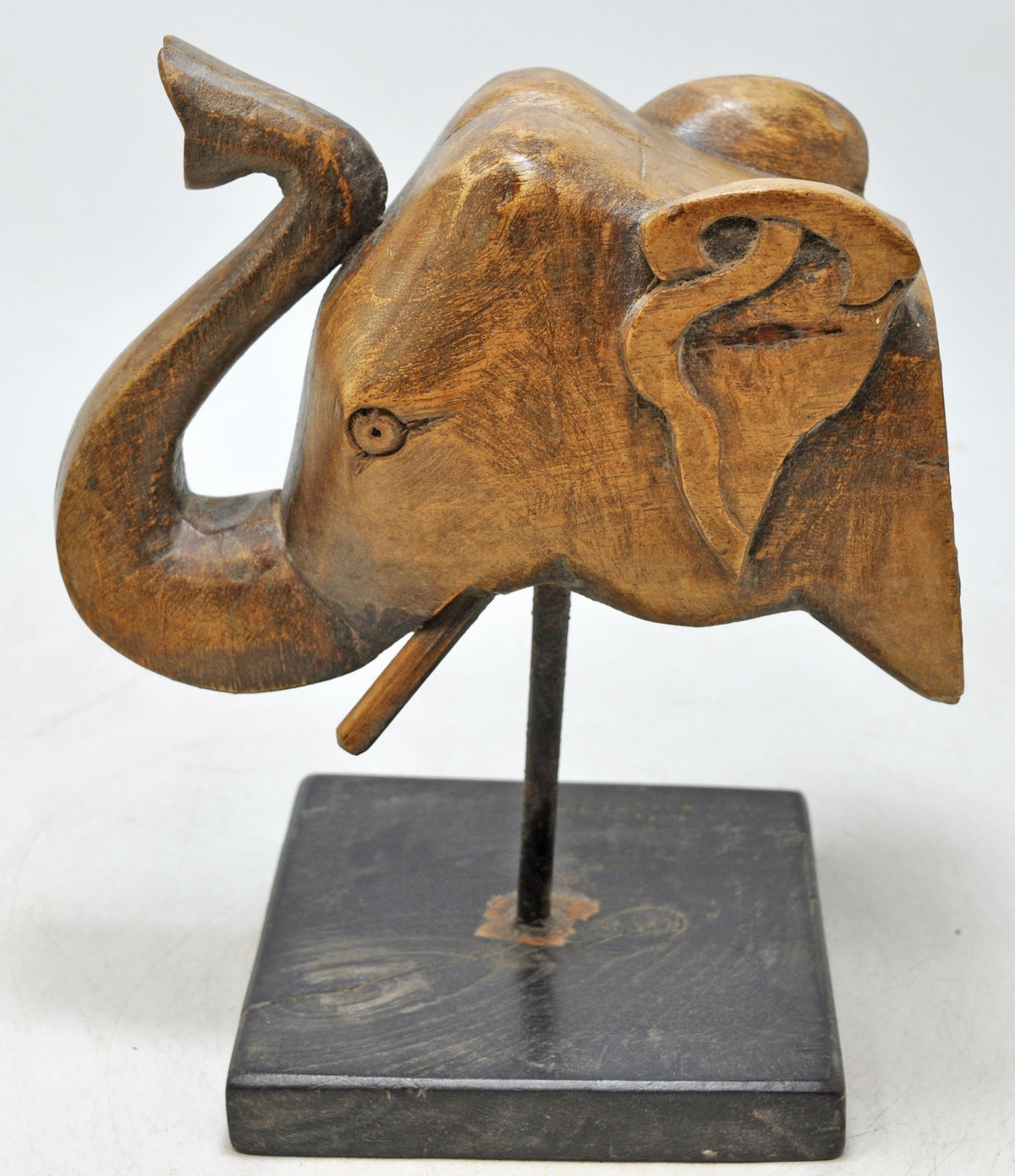 Vintage Wooden Elephant Head Figurine Original Old Hand Carved