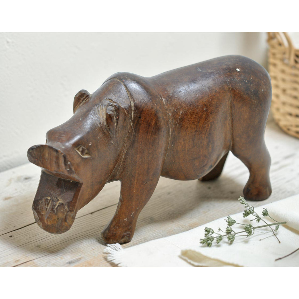 Vintage Wooden Hippopotamus Figurine Original Old Hand Carved