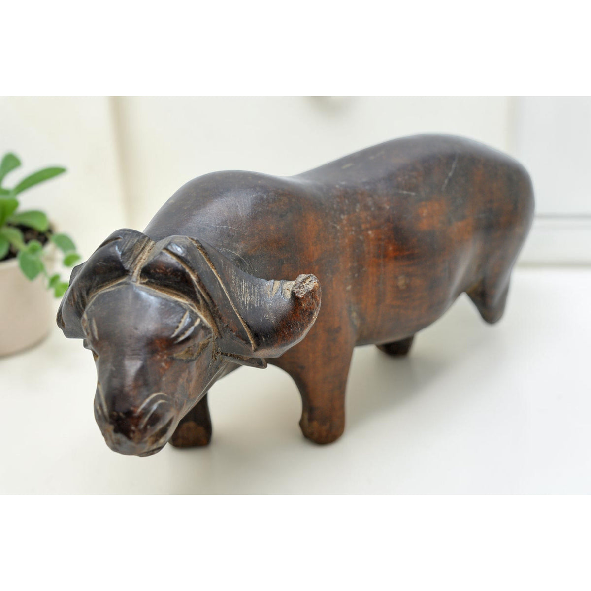 Vintage Wooden Ram Goat Figurine Original Old Hand Carved