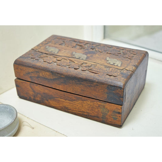 Vintage Wooden Small Storage Box Original Old Hand Crafted Brass Fitted