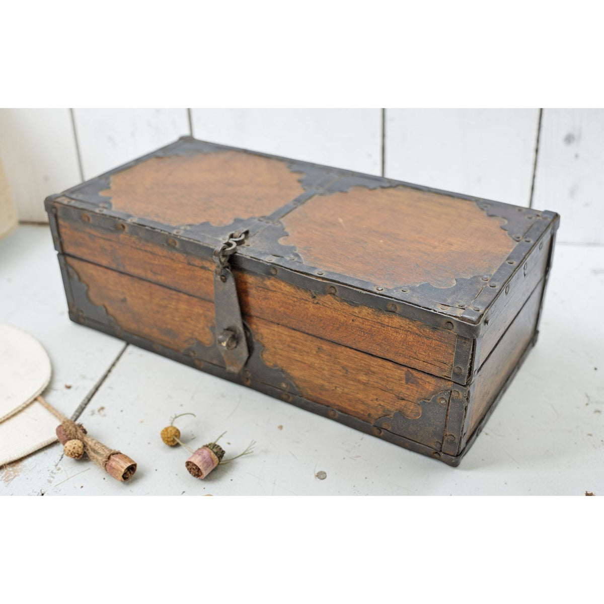 Vintage Wooden Small Storage Box Original Old Hand Crafted Metal Fitted