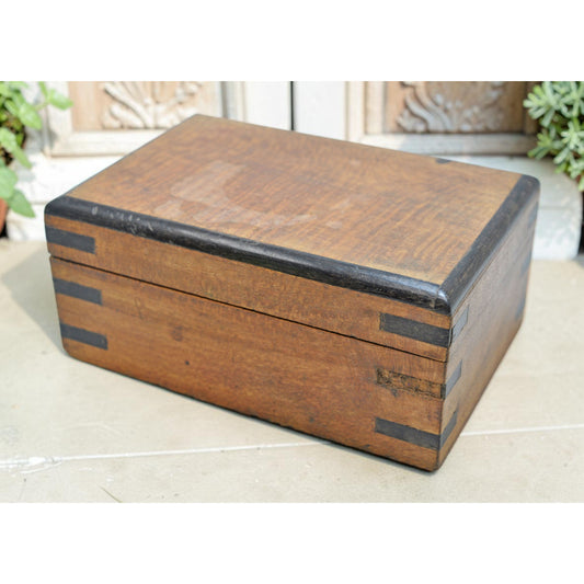 Vintage Wooden Small Storage Box Original Old Hand Crafted Metal Fitted