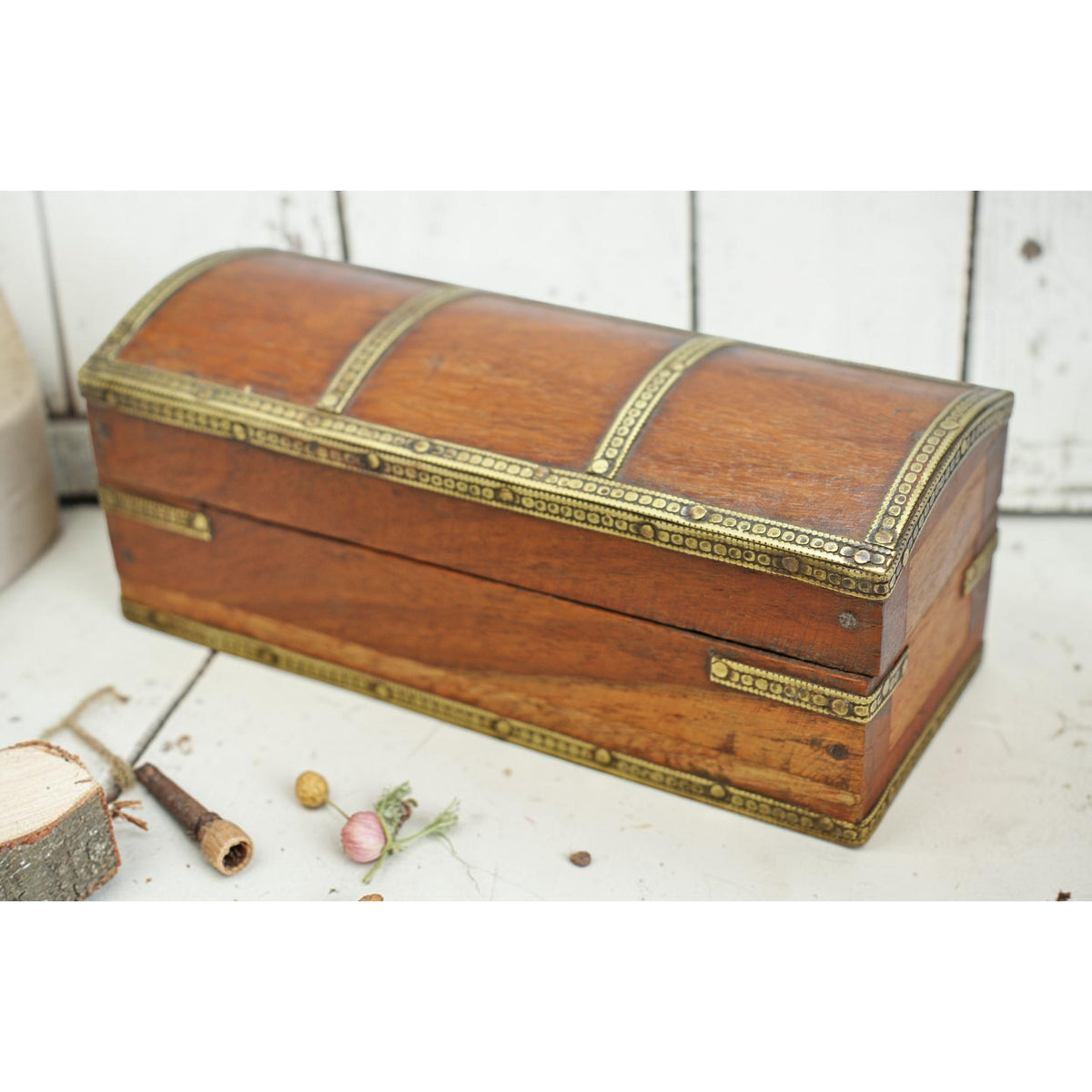 Vintage Wooden Small Storage Box Original Old Hand Crafted Brass Fitted