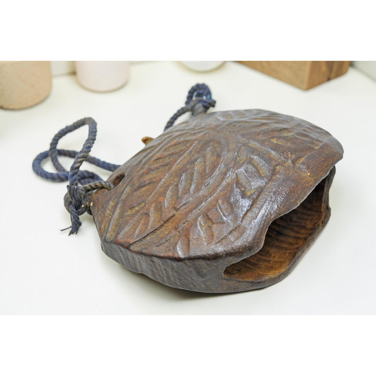 Antique Wooden Animals Cow Bell Original Old Hand Carved