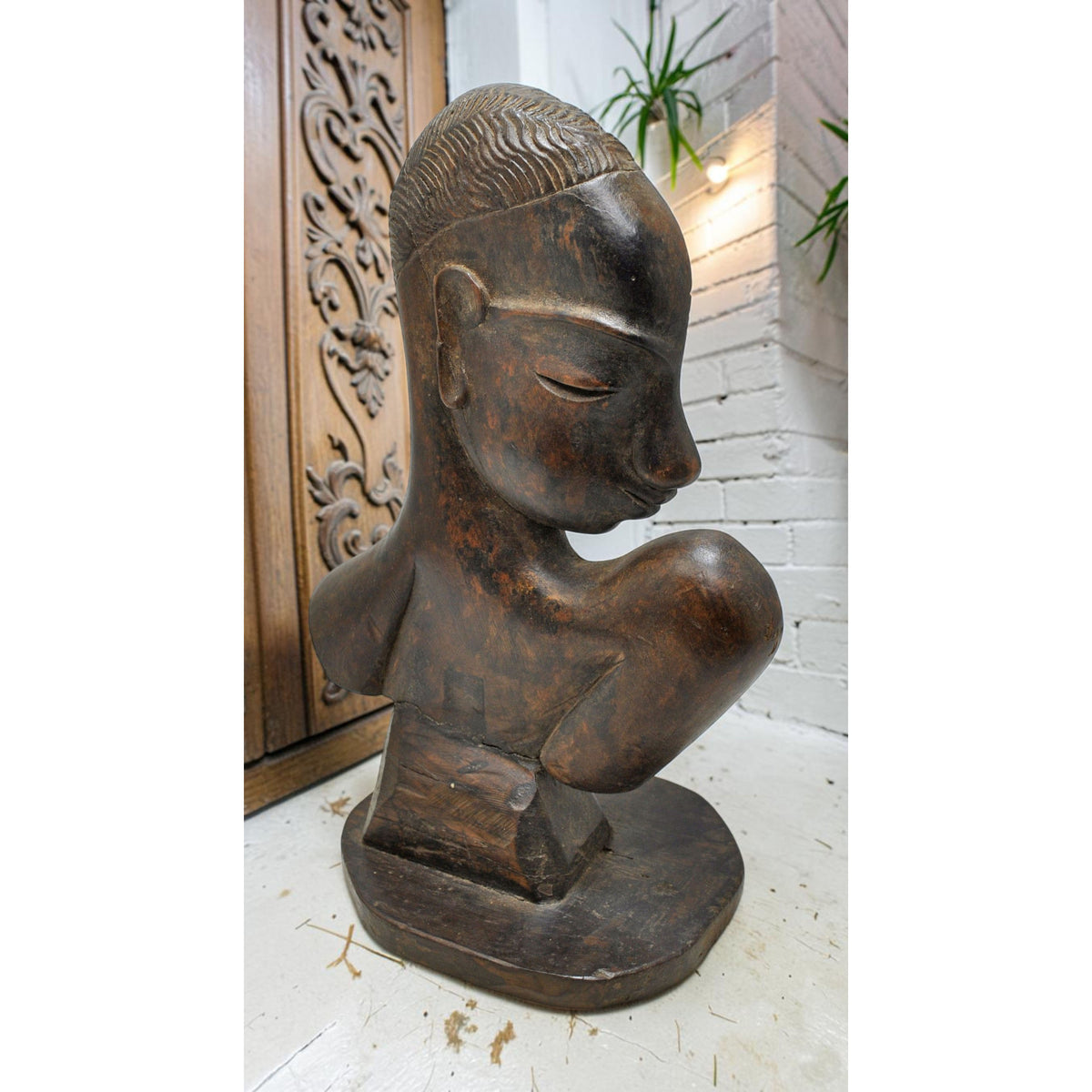 Vintage Wooden Woman Figurine Bust Original Old Hand Carved