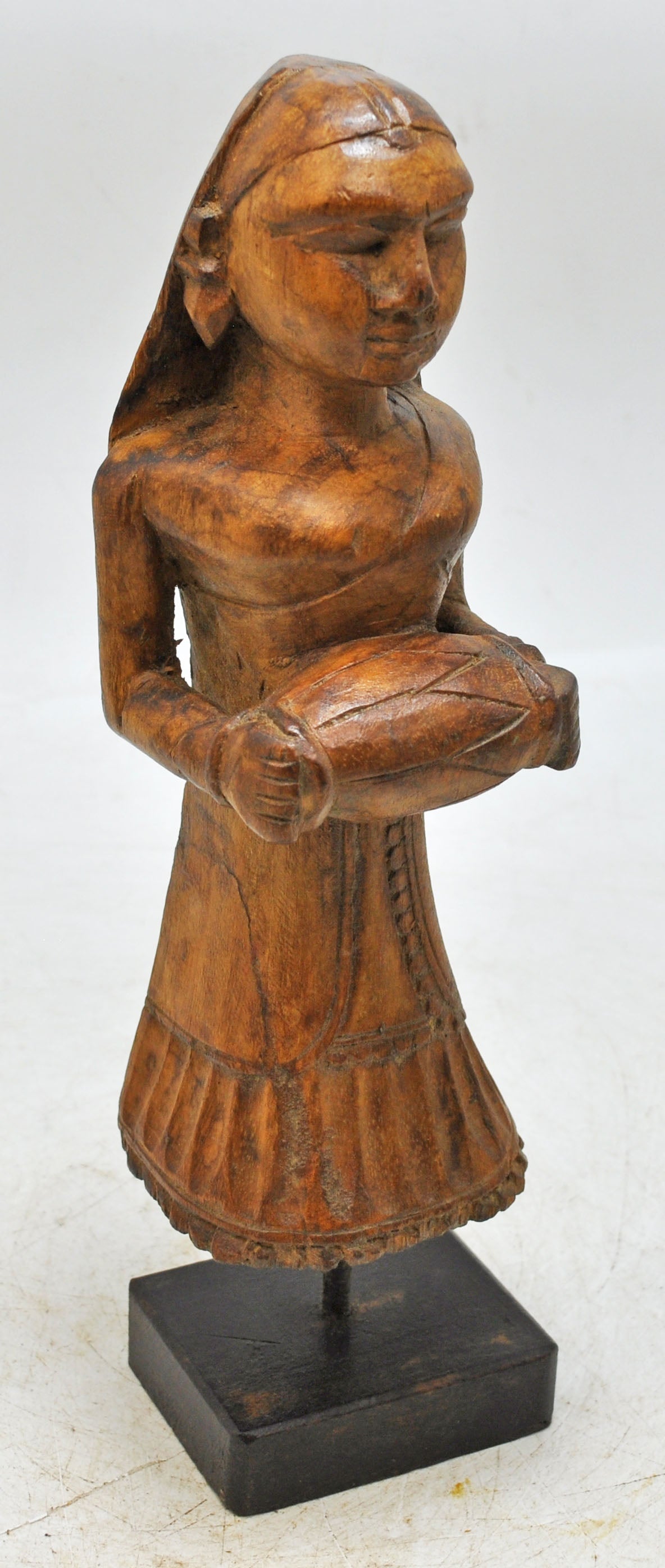 Vintage Wooden Musician Woman Figurine Original Old Fine Hand Carved