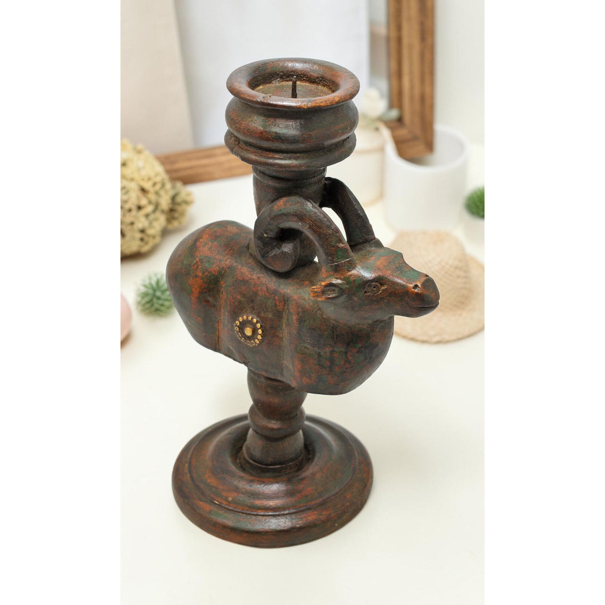 Vintage Wooden Cow Figurine Candle Stand Original Old Hand Carved