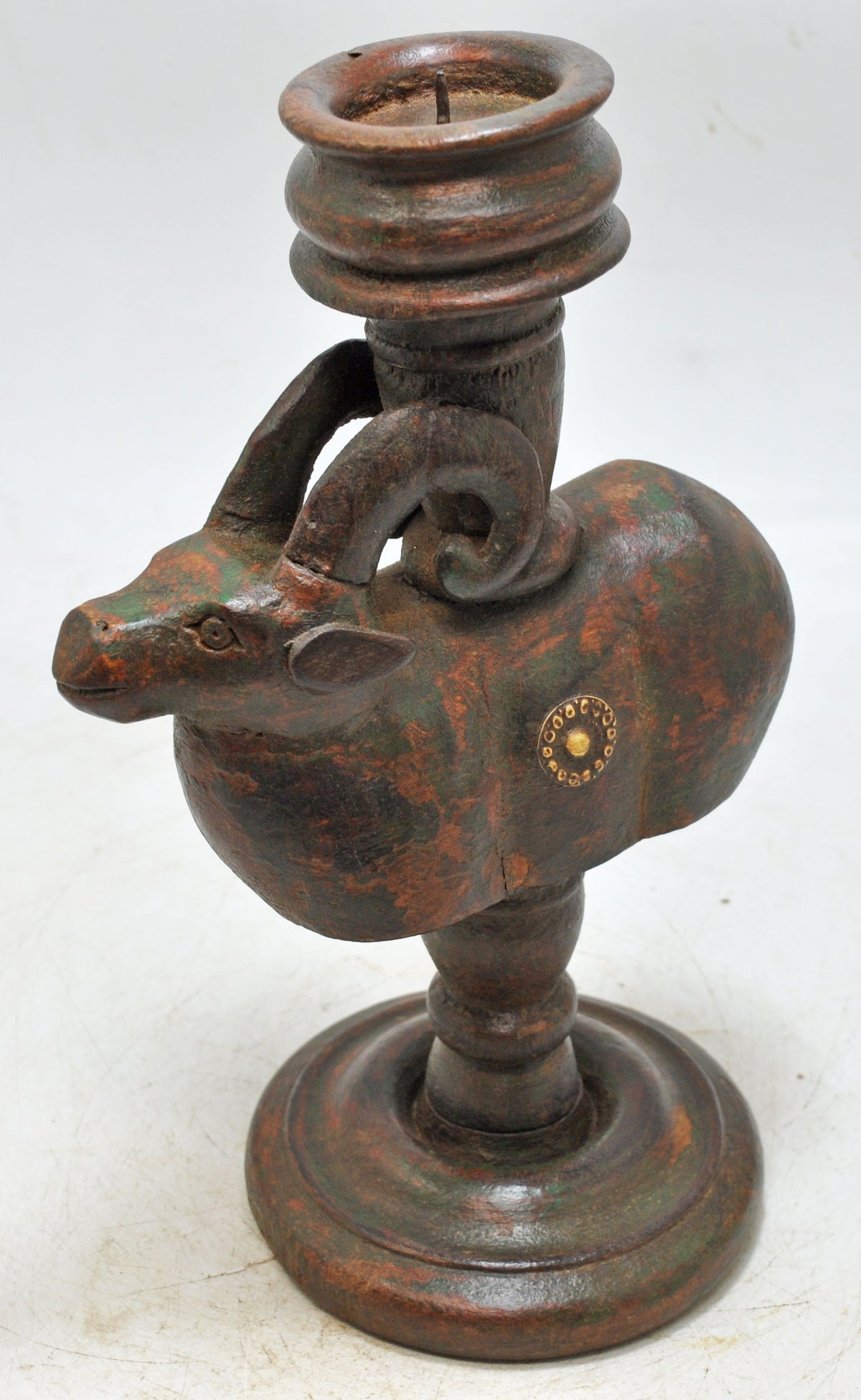 Vintage Wooden Cow Figurine Candle Stand Original Old Hand Carved