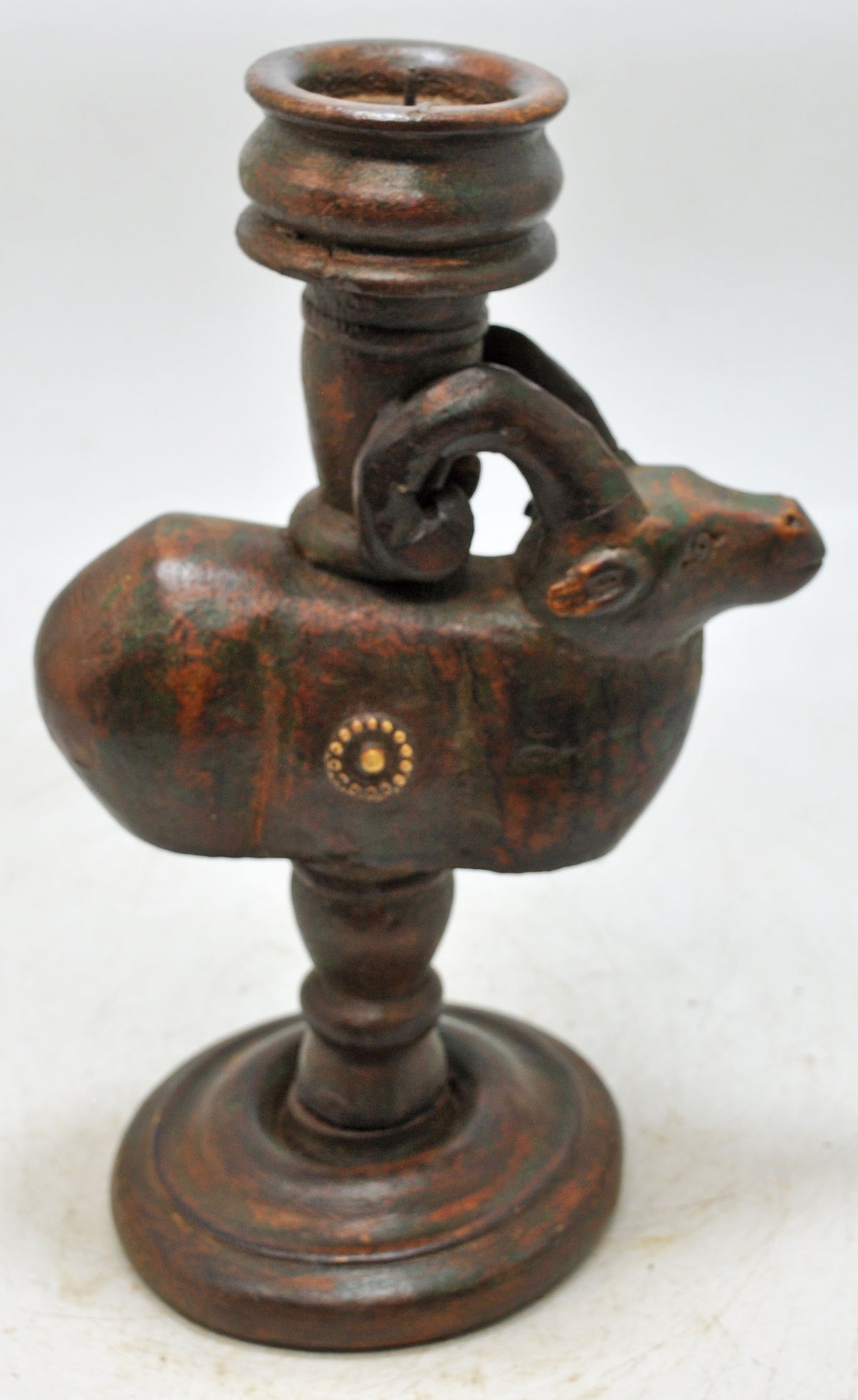 Vintage Wooden Cow Figurine Candle Stand Original Old Hand Carved