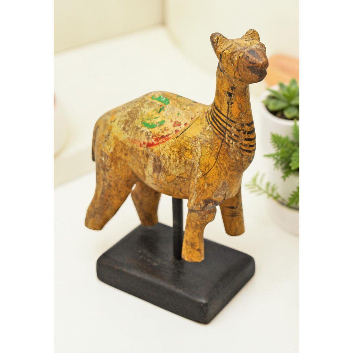 Vintage Wooden Camel Figurine Original Old Hand Carved Painted