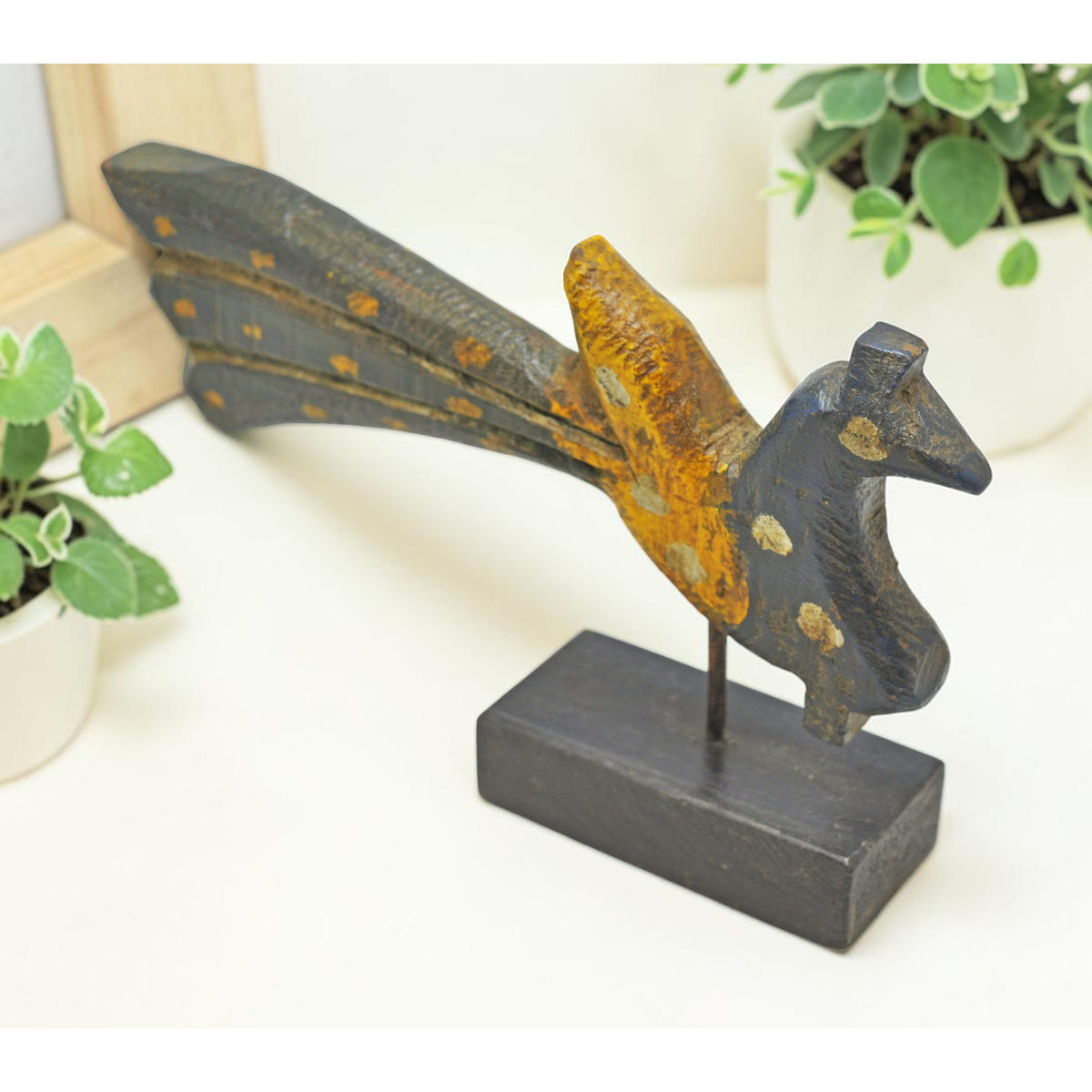 Vintage Wooden Peacock Figurine Original Old Hand Carved