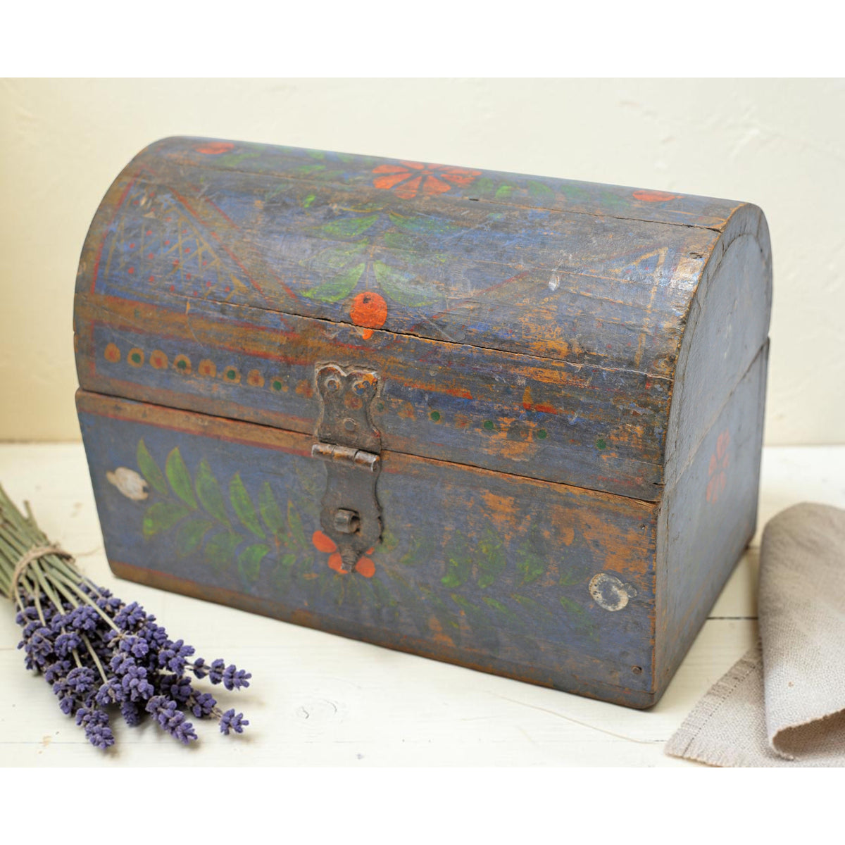 Vintage Wooden Half Round Top Storage Box Original Old Hand Crafted Painted