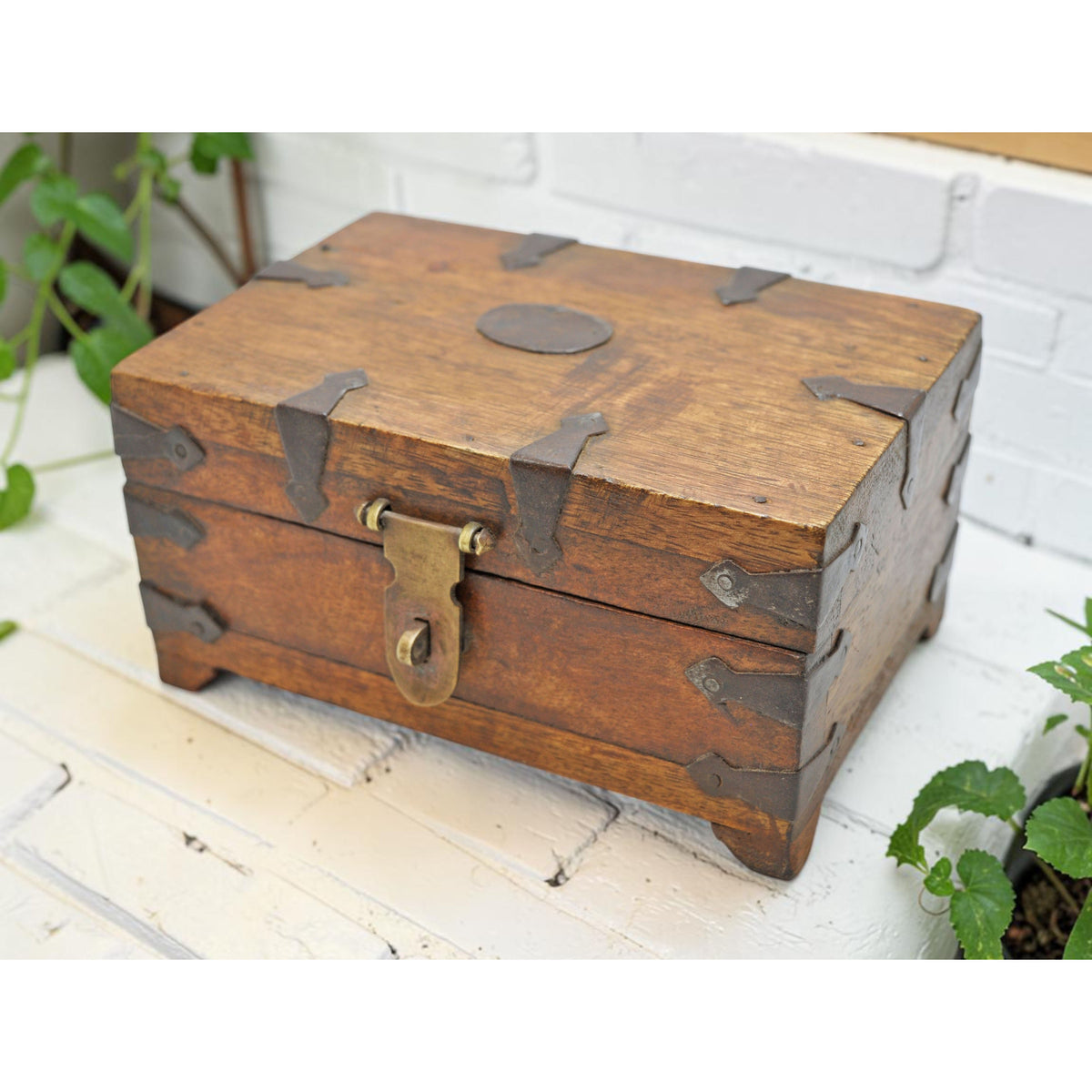 Vintage Wooden Storage box Original Old Hand Crafted Metal Fitted
