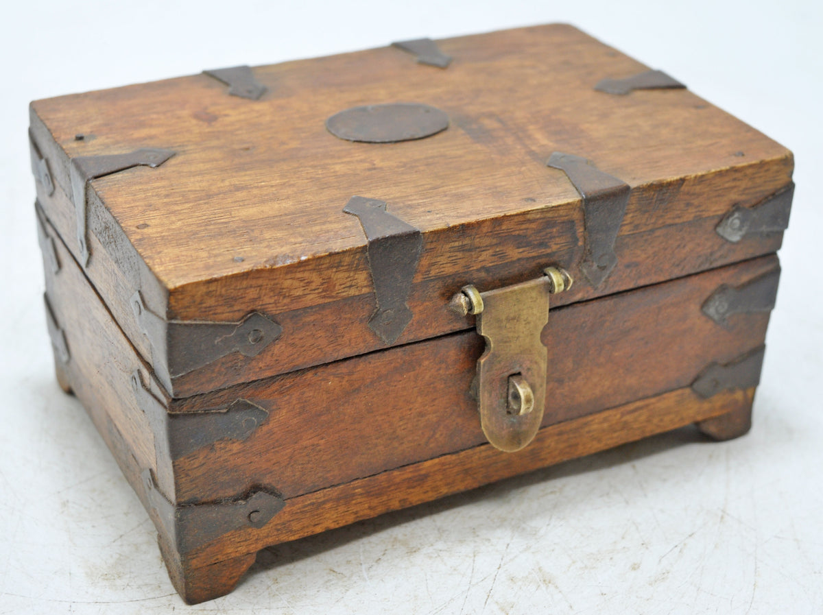 Vintage Wooden Storage box Original Old Hand Crafted Metal Fitted