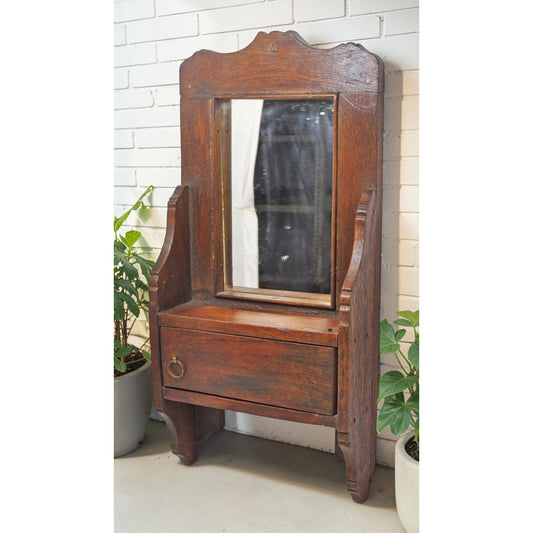 Antique Wooden Wall Décor Mirror Frame With Drawer Original Old Hand Crafted
