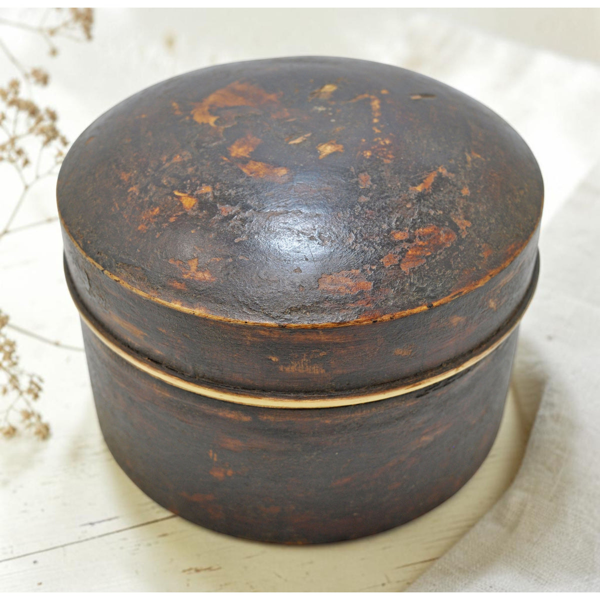 Vintage Wooden Round Box Original Old Hand Crafted Brass Inner