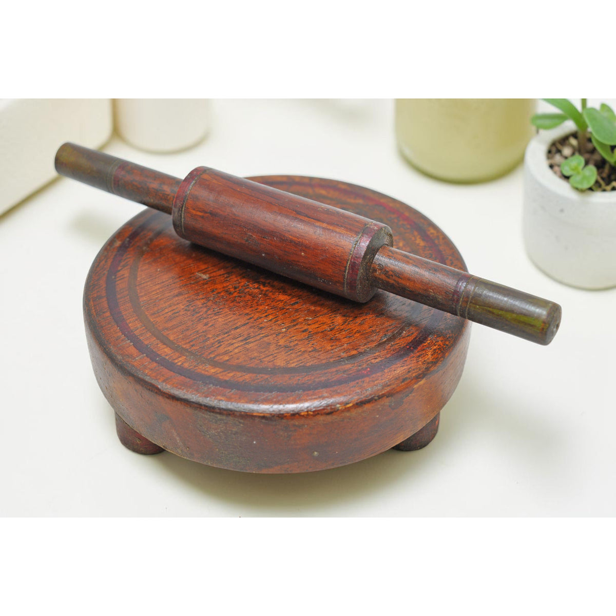 Vintage Wooden Miniature Toy Rolling Pin and Plate Set Original Old Hand Crafted