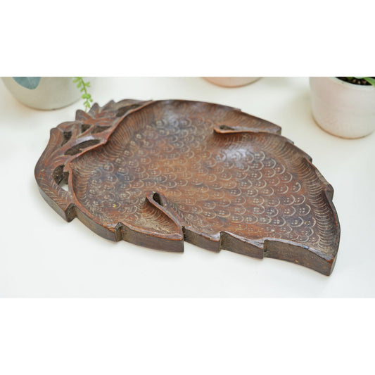 Vintage Wooden Leaf Shaped Small Tray Plate Original Old Hand Carved